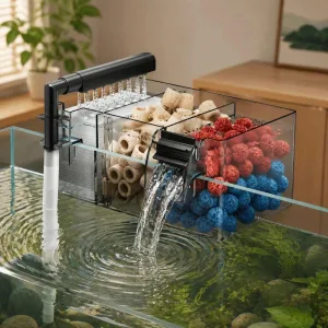 Máy lọc thác mini với thiết kế treo tiện lợi, tích hợp các ngăn chứa vật liệu lọc giúp giữ nước hồ cá luôn trong sạch.